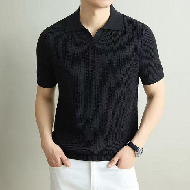 J nd O남성 여름 오픈카라 디자인 골지 반팔 니트