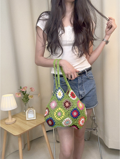 소울린느 핸드메이드 빈티지 멀티 컬러 핸드메이드 꽃 니트백 가방(6컬러)