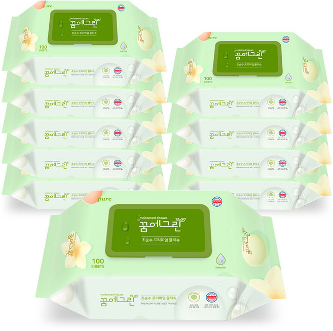 꿈에그린 초순수 물티슈 더 도톰하고 넉넉한 사이즈 엠보싱 유아 아기 물티슈 캡형(55gsm), 10개, 100매