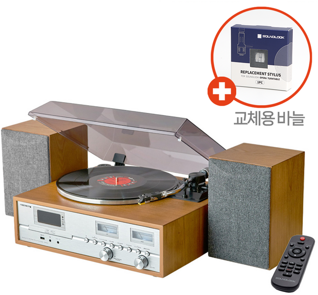 사운드룩 LP턴테이블 오페라 OPERA 양방향 블루투스 듀얼우퍼스피커 빈티지 원목 CD플레이어 USB카드 라디오 AUX 더스트커버 리모컨 + 교체용 바늘 1개