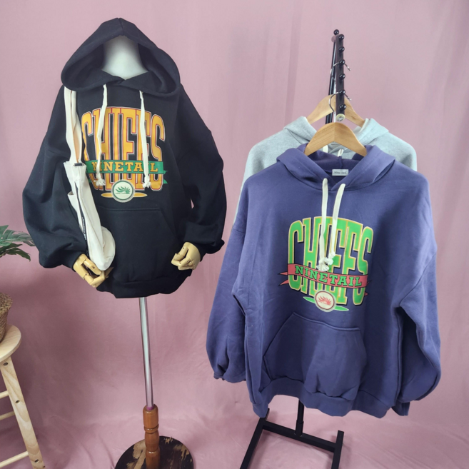 나인테일 여성 겨울 스쿨룩 오버핏 빅사이즈 CHIEFS 나염 기모 후드 티셔츠 3컬러