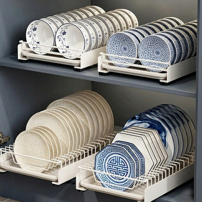 무타공 슬라이딩 그릇정리대 철제 싱크선반, 1개, 화이트_접시정리대, 1단