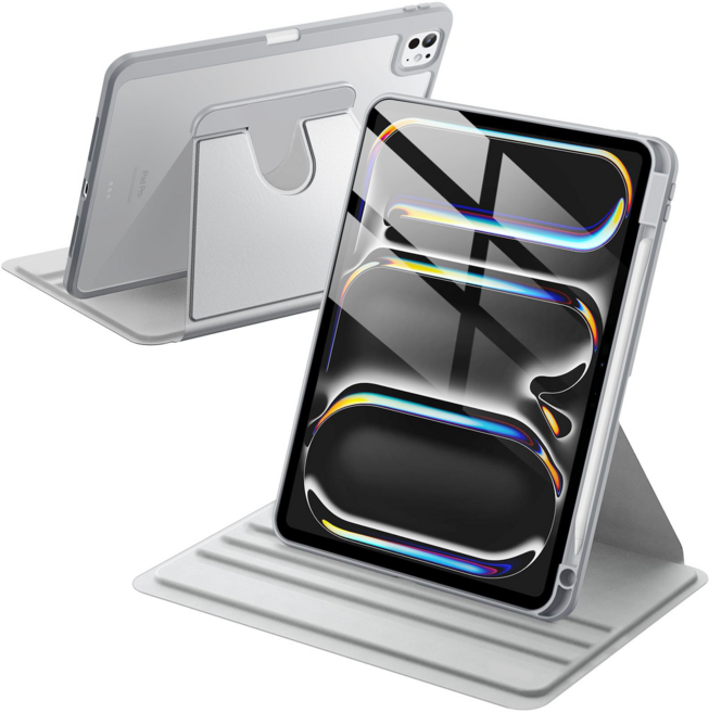 디상커 아이패드 720도 회전 아크릴 단색 투명 펜슬수납 충격 방지 거치대 태블릿 케이스 에어 8/7/6/5/4 프로 8/7/6/5/4/3 세대 11/13인치, 그레이, 1개