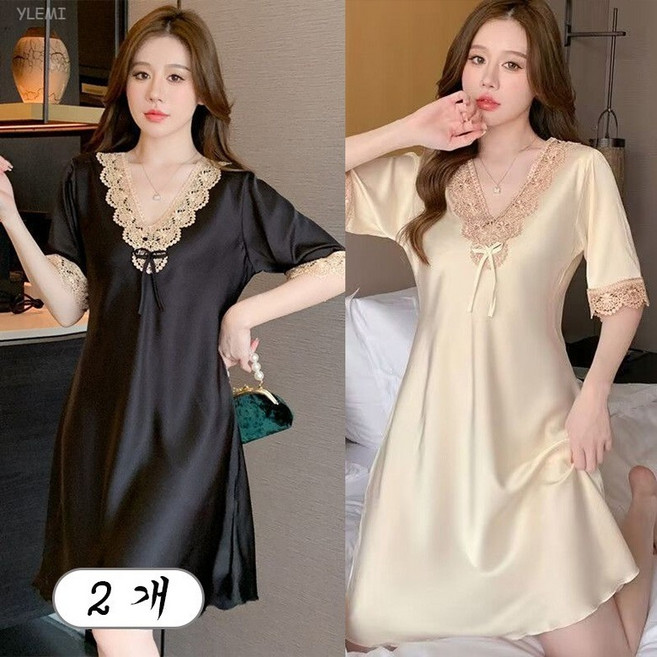 YLEMI 1+1 여성 봄여름 V넥 레이스 실크 슬립잠옷 빅사이즈 홈웨어 2p