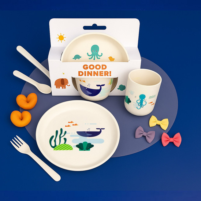 5구세트 유아 캐릭터 식기 식판, 1개, 접시2p+컵+포크+숟가락, 고래