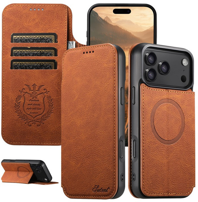 아이폰 14/15/16/17 시리즈 맥세이프 럭셔리 가죽 지갑 카드 지폐 슬롯 거치대 케이스