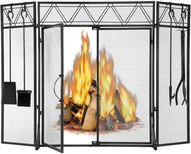 문 손잡이 발 3패널 독립형 접이식 스파크 가드 실내 화덕 야외 화덕을 위한 튼튼한 스크린 메쉬가 있는 블랙 스크린의 빔노바 50 x 32, Door & Tools, 50 x 34 in