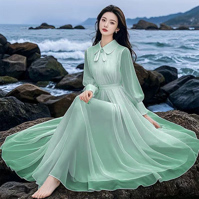 VVRR 여성 우아한 하이웨이스트 리본넥 긴팔 시폰 롱 원피스 S0091925A