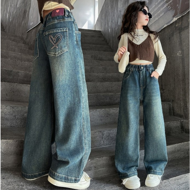 아이짱 아동용 여아 남아 와이드 밴딩 청바지 통바지