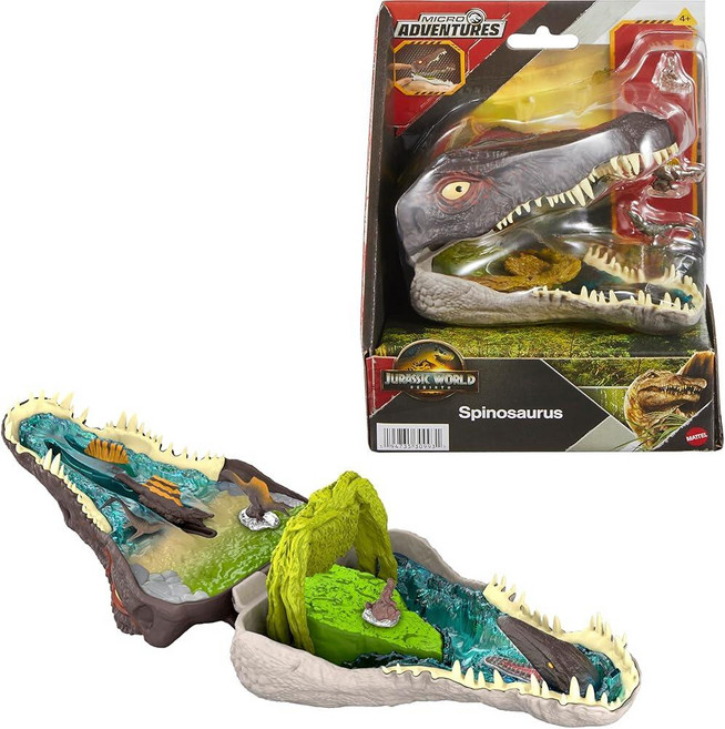 Mattel 쥬라기 월드 리버스 마이크로 어드벤처 플레이세트 스피노사우루스 헤드는 4가지 인터랙티브 기능 3개의 마이크로 피규어 공룡 장난감
