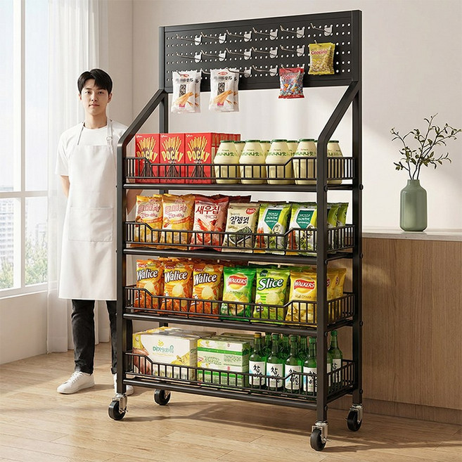 Fowod 탄탄하고 견고한 다용도 수납 선반 간식 진열대, 4단, 블랙