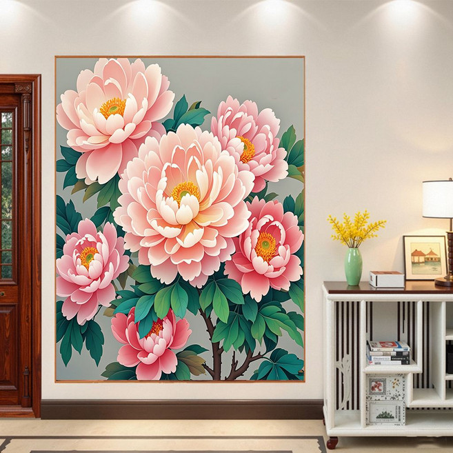 모란꽃 보석십자수 캔버스형 원형비즈십자수 DIY키트 40x50cm 3D 대형 선물용 재물 객실 풍수 인테리어, 1개, 목단04