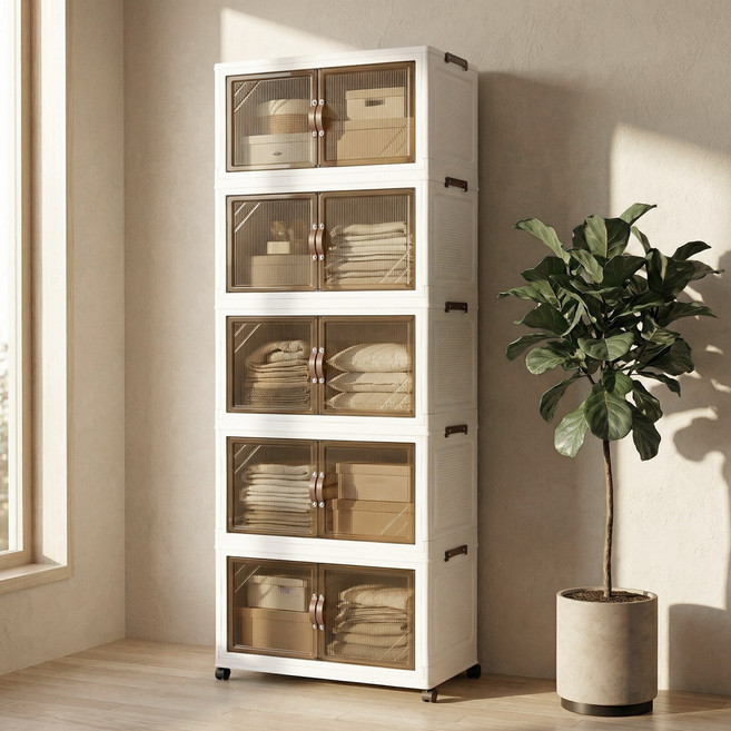 SHE-U 대용량 다용도 접이식 이동식 수납장 가정용 플라스틱 리빙박스, 투명 브라운