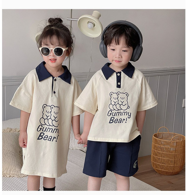 아짱 키즈 남녀공용 여름 아동 카라 티셔츠 반바지 원피스 여아 남아 상하복 세트 남매룩 세트 여름상하세트 가을 카라티 반바지 남매룩 형제룩 자매룩 화보룩 가족촬영룩 꾸미베어남매룩