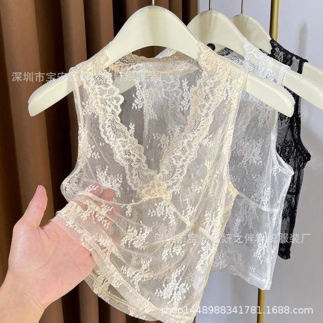 法式毛衣疊穿蕾絲打底衫女春夏新款深V領內搭網紗吊帶背心假領口, 杏色