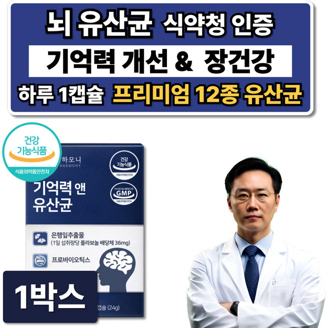 뇌 유산균 복합물 두뇌 뇌건강 기억력 개선 징코 두뇌엔 뇌영양제 식약청인증 브레인 혈행개선, 1박스, 60정