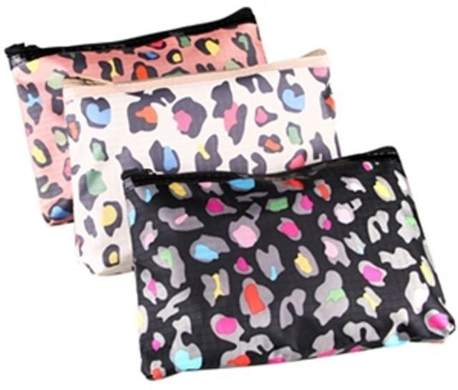 호피무늬 화장품 파우치 여행용 소품가방 3종세트, 핑크