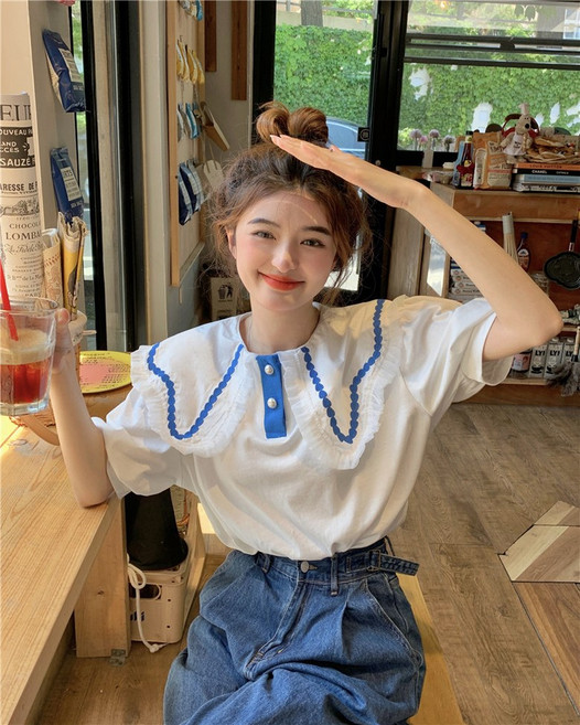 여성 흰티 프릴 레이스 자수 세일러 세라 케이프 빅카라 배색 진준단추 퍼프 벌룬 반팔티