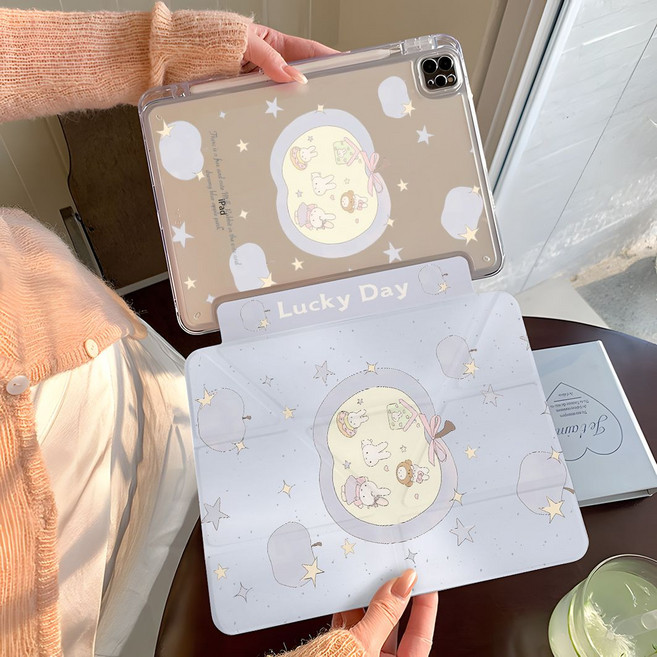 TYREUS 자주색 작은별 귀여운 미피 캐릭터 아이패드 7/8/9 케이스 Y자형 펜슬수납형 호환, 1개, 푸른 색