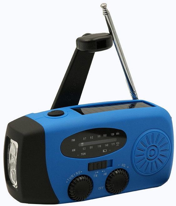 휴대용라디오 2000mAh 충전식 휴대용 라디오 태양열 핸드 크랭크 비상 생존 날씨 fm USB 충전 배터리 작동, BlueEU