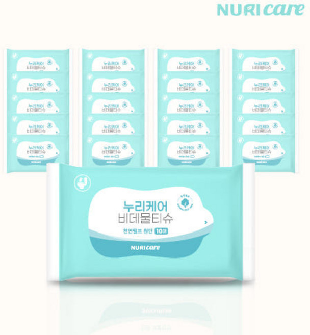 휴대용 비데물티슈 단위 천연 펄프 누리케어 화장실 휴지, 20개, 10매