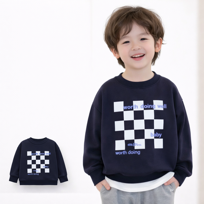 아동용 체크패턴 긴소매 맨투맨 사계절용 남아 여아 봄가을 긴팔 아동티셔츠 스타일 데일리룩 키즈티 편한 베이직