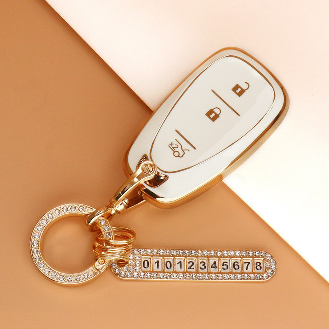 유투카 스마트 키케이스 호환 트랙스 크로스오버 트레일 블레이저 더뉴 크루즈 올뉴 더뉴 말리부 이쿼녹스 볼트EV 더뉴 아베오 TPU 키케이스 키홀더 차 키커버 키링, TC-03, 골드_아이보리