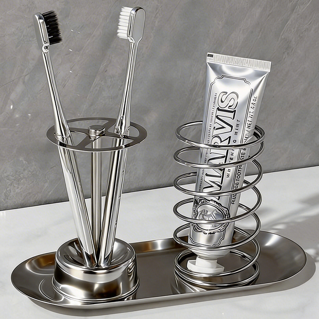 304 욕실 스텐 스프링 칫솔꽂이 칫솔 거치대 세트 BXGYSZJ01, 1세트, 칫솔걸이+치약걸이+타원형트레이