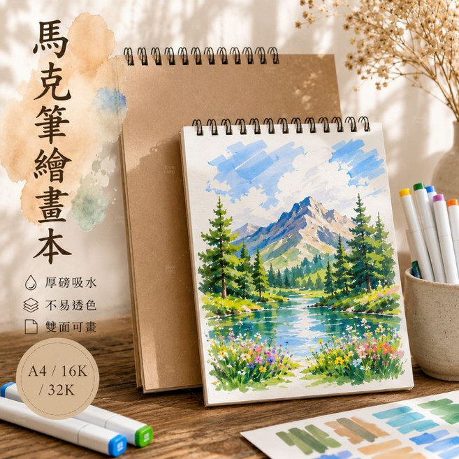 馬克筆繪畫本 素描本 加厚空白畫本 8k/16k, 1個, 水彩本200g｜兩倍厚度 渲染超美,大-A4 【21*29.7cm】, A4, N/A