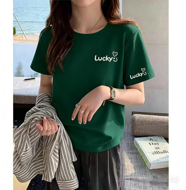 100%純棉 短袖T恤女 字母印花寬鬆上衣 圓領短袖T恤 韓版上衣