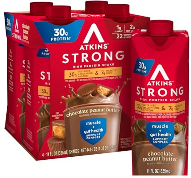 Atkins Strong High Protein Shake Chocolate Peanut Butter 30g Protein 7g Prebiotic Fiber Muscl, 325ml - 쿠팡