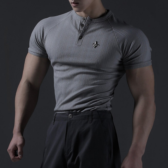 카미드 그레이 머슬핏 헨리넥 반팔