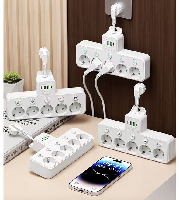 고용량멀티탭 콘센트 고용량 연장선 EU 220v AC 플러그 독립 스위치 벽걸이 형 전원 스트립 US 110vB C 충전 어댑터가있는 유럽 표준 소켓 네트워크 필터, Eu 플러그, EU Plug White, 1개