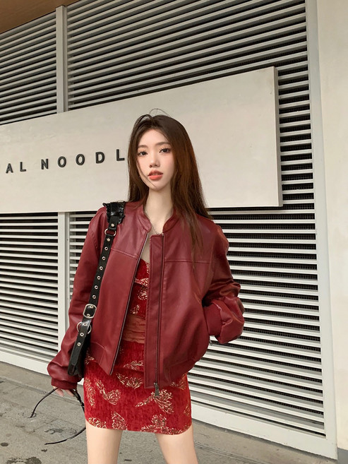 해피유통여성 청년 봄 가을 가죽 크롭 자켓 라운드 넥 심플 캐주얼 스타일LWJ