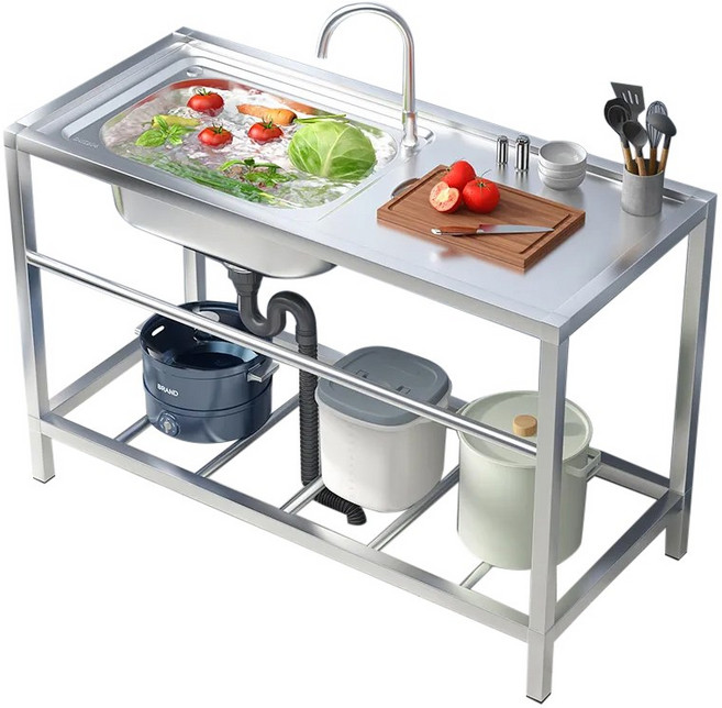 Farry 다용도 이동식싱크대 간이싱크대 간이세면대 스텐싱크대 보조싱크대 영업용싱크대 사무실씽크대 +세면대수전 세트, 90CM*42CM*75CM