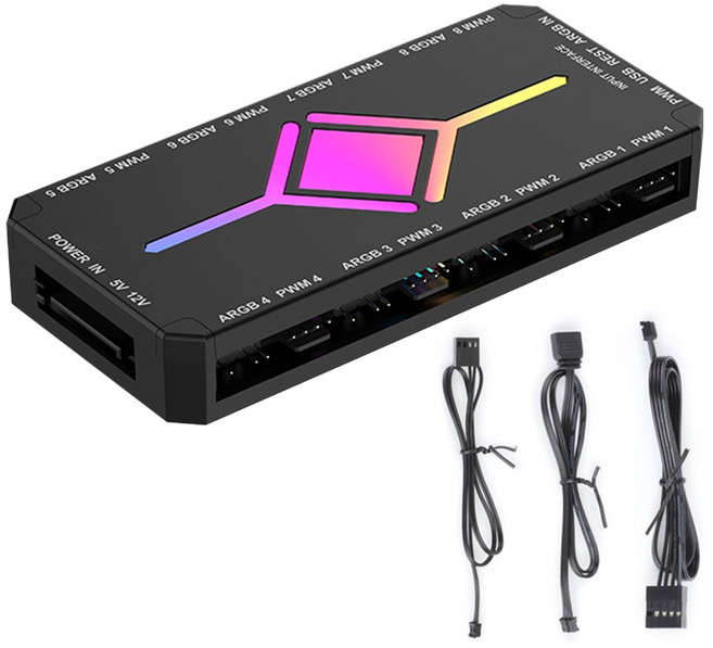 5V ArgB PWM 팬 허브 8 포트 자석 마운트 원격 안정적인 전원 공급 장치 마그네틱 팬 스플리터가있는 PC 케이스 팬을위한 자기 장착, 검은색