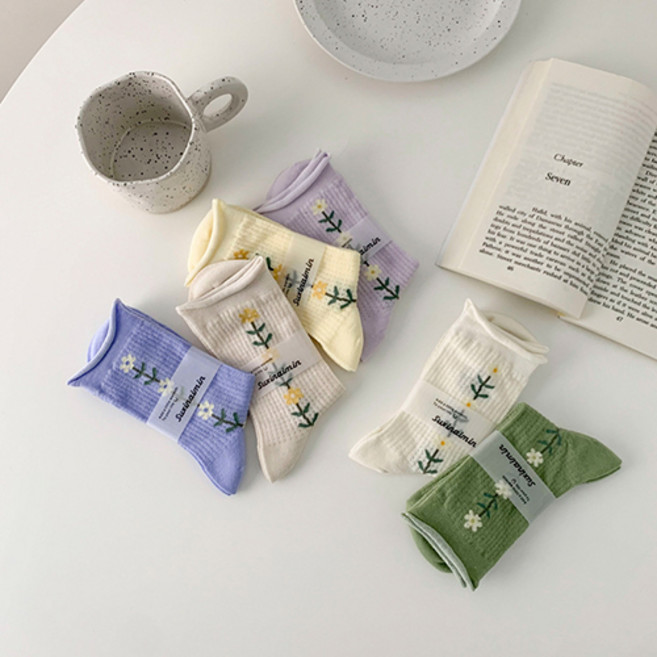 러블리삭스 봄 여름 돌돌이 파스텔 들꽃 면 양말 6켤레