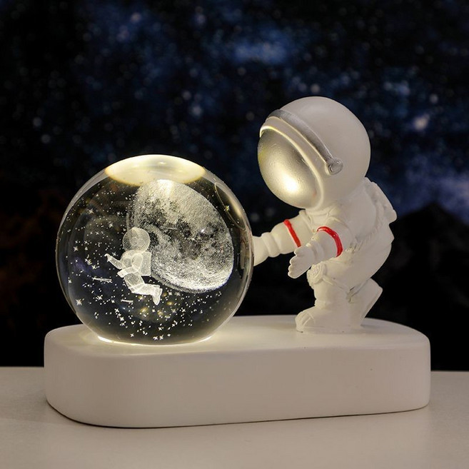 發光水晶球小夜燈 宇航員海豚主題 桌面擺件, 遨游星海,摯愛宇航員（小夜燈）自然光