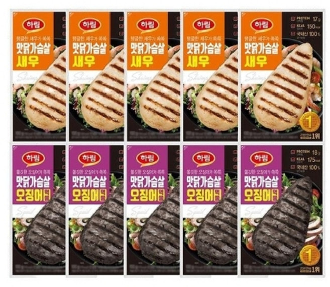 하림 맛닭가슴살 새우 100g 5봉 + 맛닭가슴살 오징어먹물 100g 5봉 (총 10봉), 하림 맛닭 새우x5+맛닭 오징어먹물x5