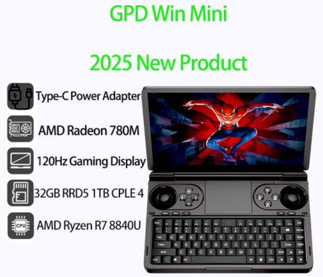 새로운 2025 Versio GPD WIN 미니 AI 9 HX 370 7 인치 휴대용 게임 패드 태블릿 64GB RAM 2TB SSD 포켓 미, 02 8840U 16GB 1TB, 02 미국
