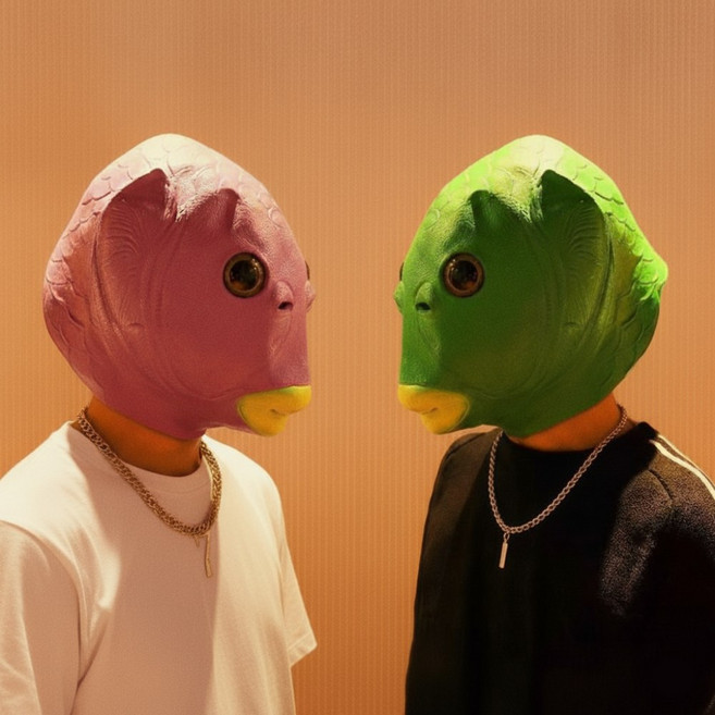 우주굿즈 물고기 가면 동물 코스프레 할로윈 코스튬 외계인 공룡 생선, 2개, 그린 + 핑크