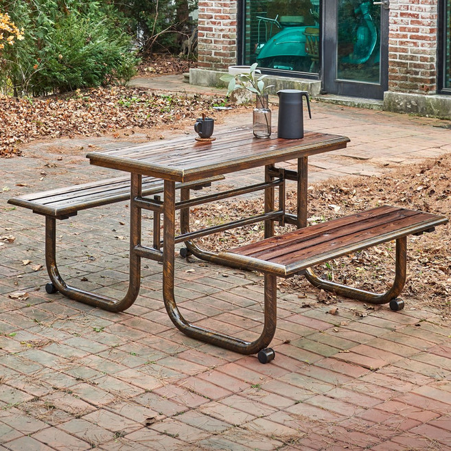 야외용테이블세트 4인/6인 벤치셋트 수지목 스틸 식탁 티테이블 카페 펜션 전원주택 정원가구 CSCPBN, 4인용세트