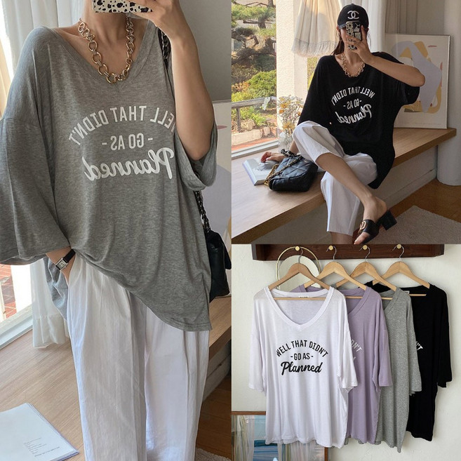 빅걸스토리 빅사이즈 여성 실키 레이온스판 웰 레터링 찰랑 브이 티셔츠