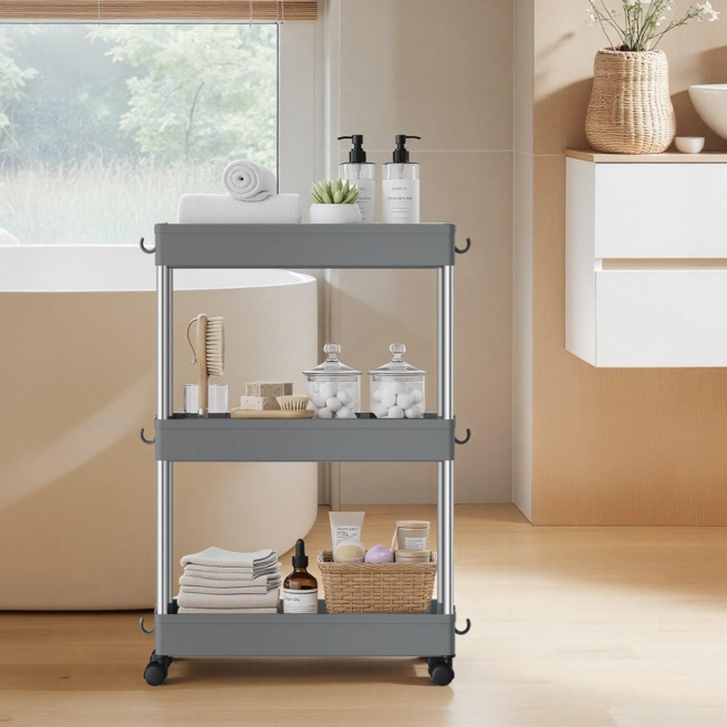 SONGMICS 다용도 이동식 360도 회전 바퀴 플라스틱 틈새 트롤리 욕실 주방 사무실 세탁실용, 그레이, 3단