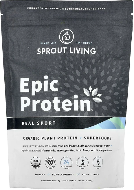 새해 건강을 선물하세요 Sprout Living Epic Protein 유기농 식물성 단백질 및 슈퍼 푸드 함유 리얼 스포츠 494g(1.1lb) 특별관리진행, 1개, 456g - 쿠팡
