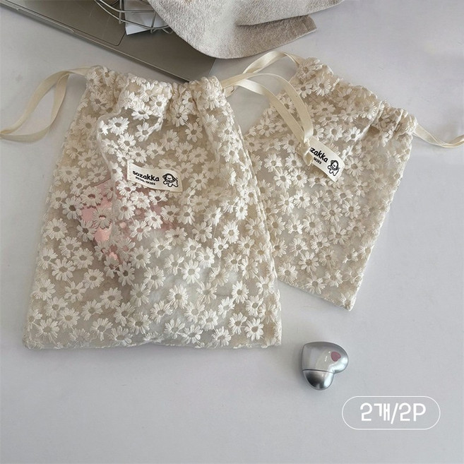 FANSYLI 레이스 복조리 파우치 다용도 스트링 메쉬 복주머니 생리대파우치 여행용파우치 화장품파우치 해외여행준비물 2종 세트 2p 0529JLL090