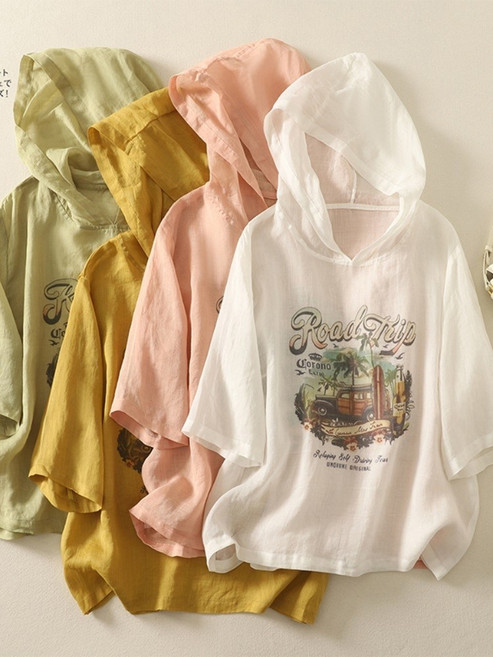 여성 여름 코튼 린넨 프린트 반팔 후드티셔츠 캐주얼 루즈핏 통기성 시원한 캐주얼 여성의류 라운드넥 빅사이즈