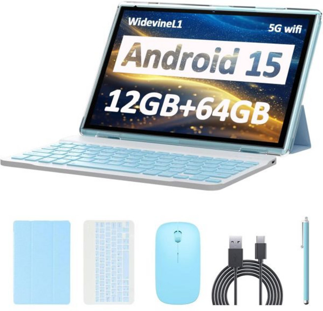 태블릿 안드로이드 15 10인치 12GB 램+64GB 저장공간1TB 확장 가능 2in1 키보드 케이스 마우스 스타일러스 포함 1.8GHz 쿼드코어 프로세서 1280800 IPS, CUPEISI 12GB+64GB 파랑