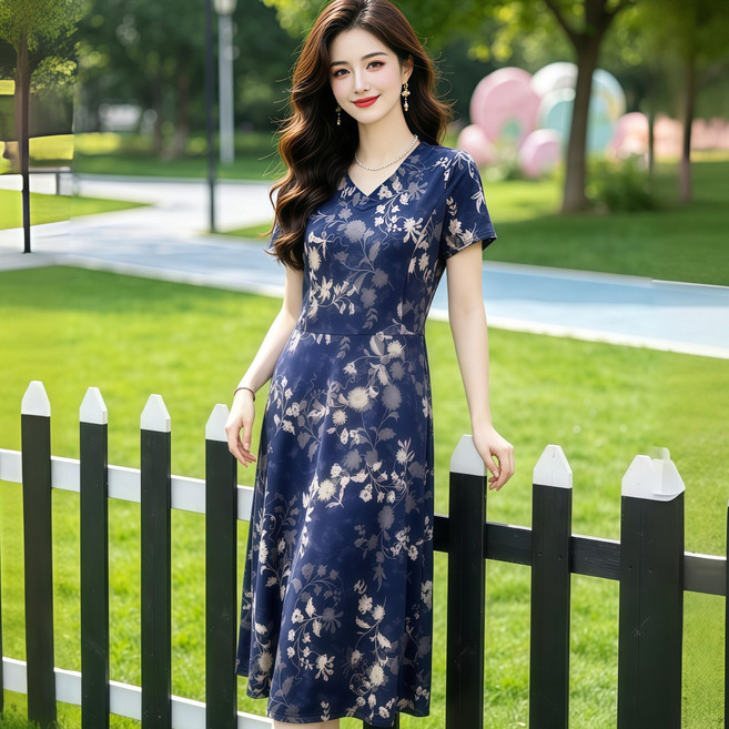 DIU 新款新中式改良旗袍裙媽媽夏裝短袖印花連衣裙氣質優雅中長款