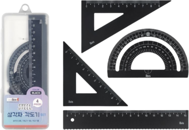 스틸 삼각자 각도기 케이스 세트, 1개, 블랙